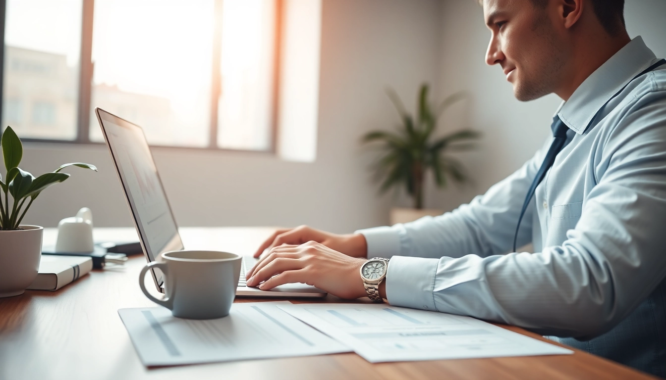 Register LLC online with a focused professional working at a desk filled with documents.