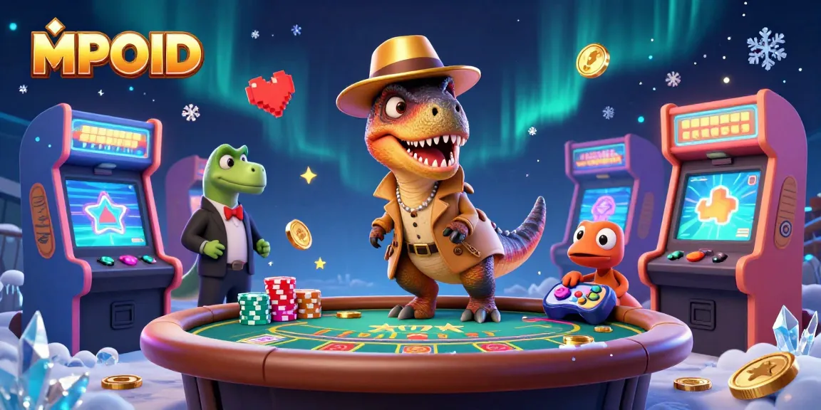 MPOID features a velociraptor card counter at a blackjack table amidst a casino scene with arcade machines.