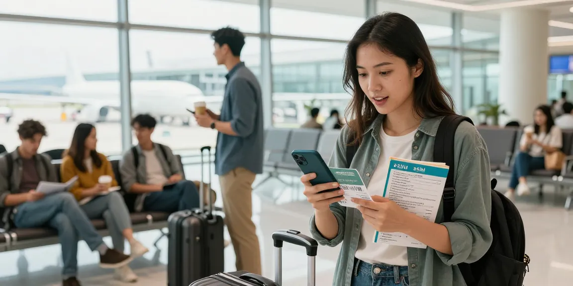 Scène de voyageur vérifiant son eSIM Voyage dans un aéroport animé, entouré de bagages et de voyageurs.
