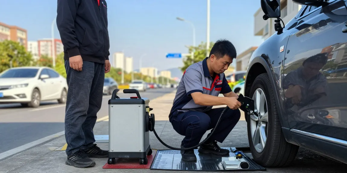 Expert technician performing contamination in fuel tank service on vehicle during roadside mobile recovery.
