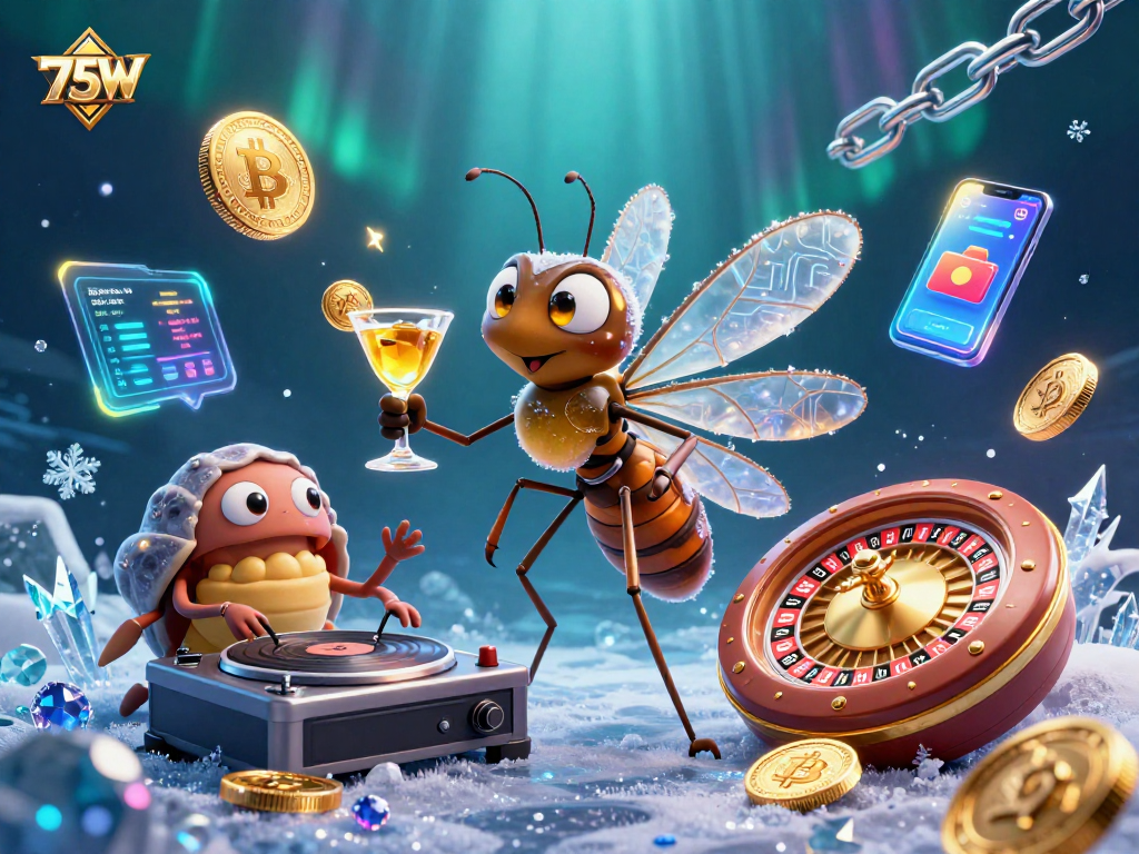 Aposte no 75W com um cassino digital vibrante, destacando um mosquito em âmbar e um DJ fosilizado.