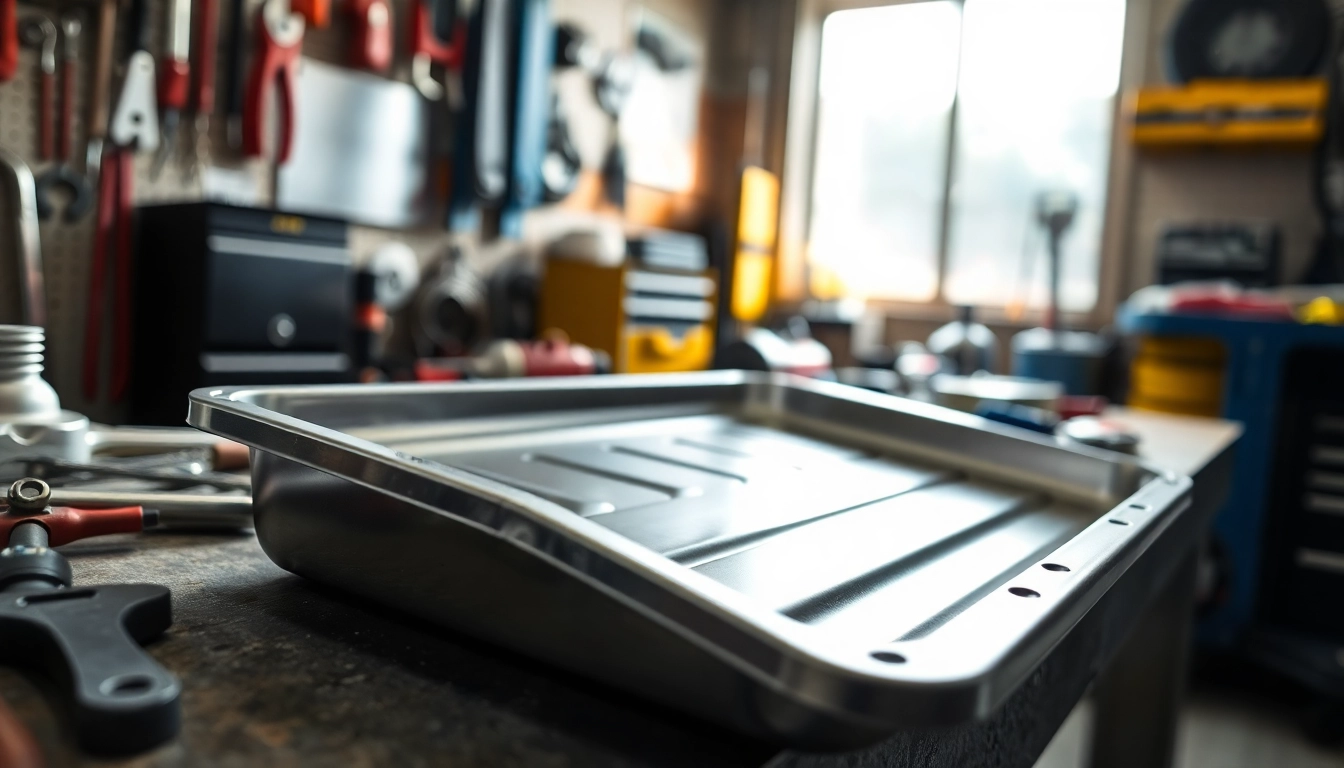 Oil Drain Pan showcasing its sleek design in a bright workshop setting with automotive tools.