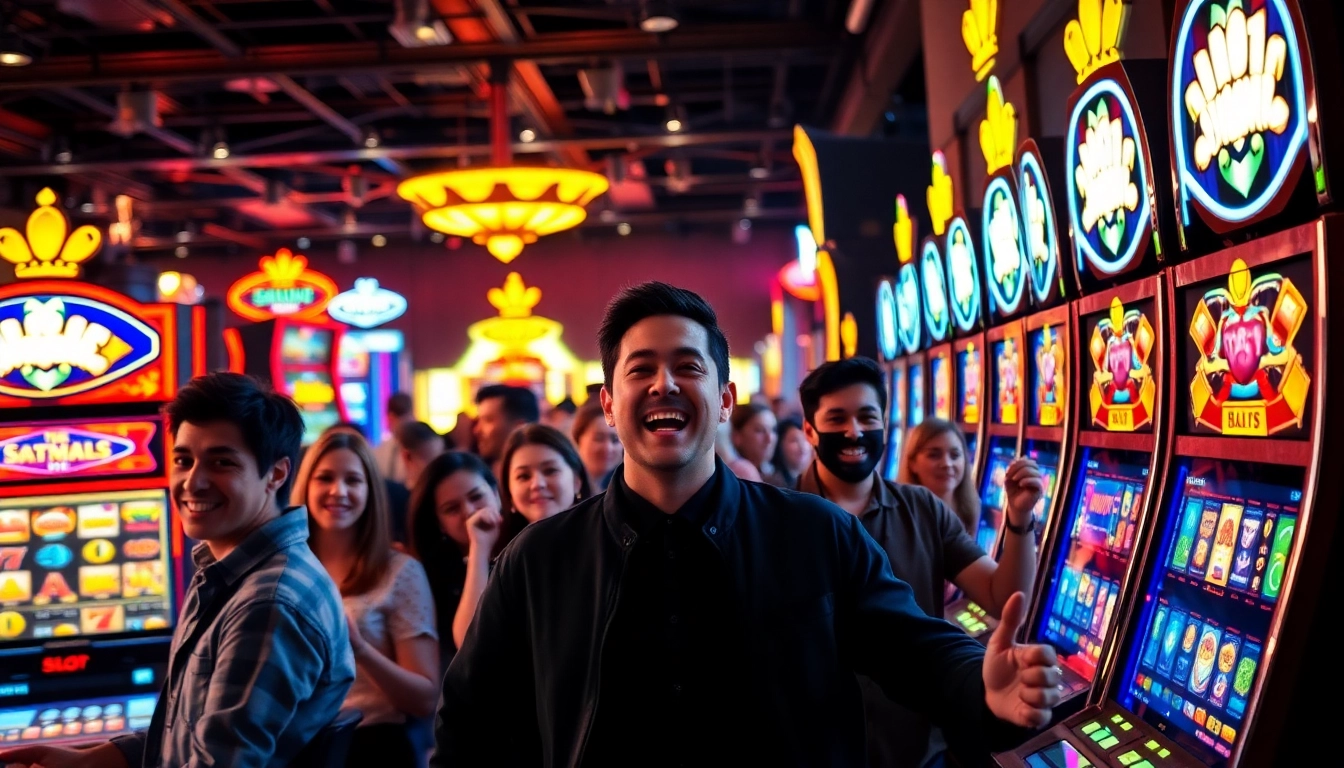 Permainan batman138 slot yang mengasyikkan dengan pemain antusias dan mesin slot bersinar.