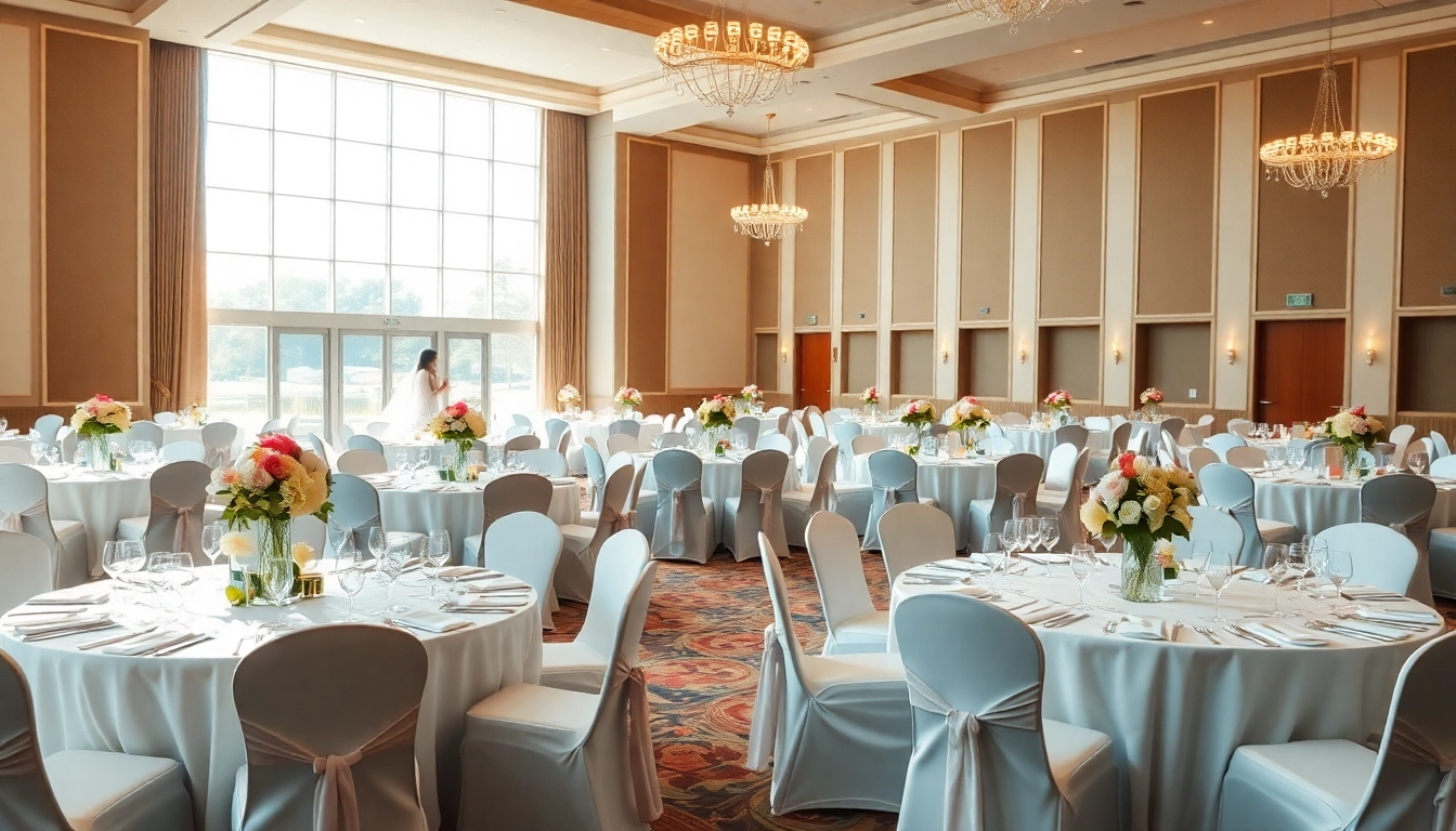Feierliche Anordnung im almas event center mit eleganten Tischen und Blumenarrangements
