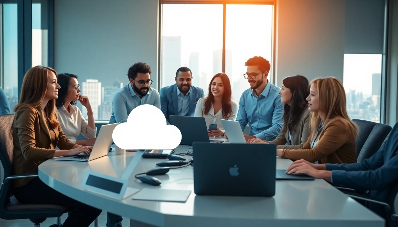 Illustration of a group discussing a cloud based phone system in a modern office.