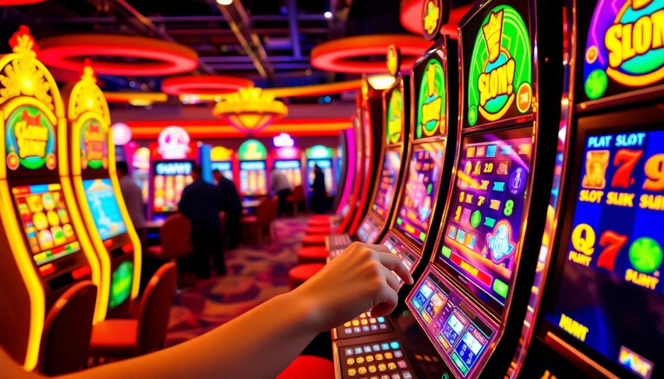 Permainan slot777 yang menarik dengan mesin slot berwarna-warni di kasino.