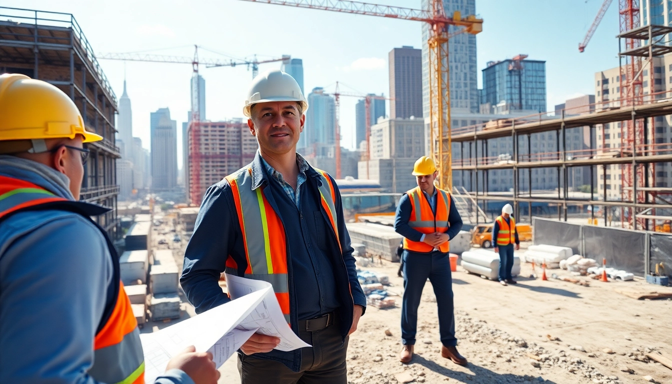 New York City Construction Manager guiding a team on a vibrant construction site.
