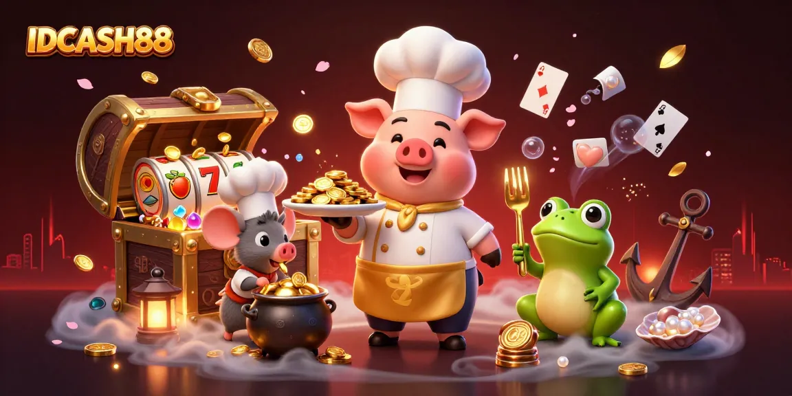 Engage with IDCASH88 as a chef pig serves gold coins, surrounded by dynamic gambling elements.