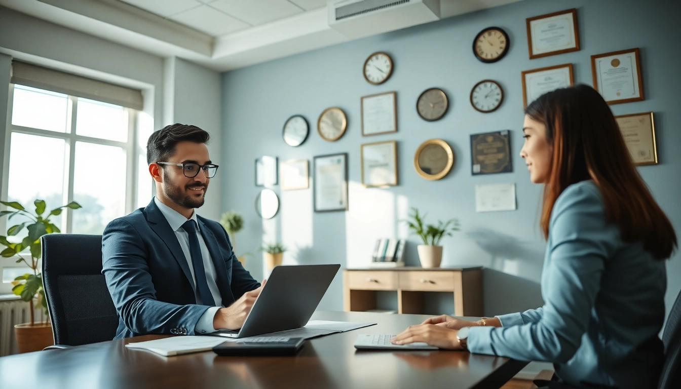 Superfund accountant consulting clients with financial charts in a professional office.
