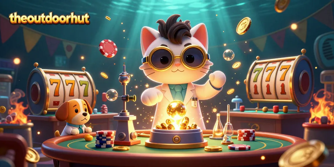Theoutdoorhut showcases a cartoon cat and dog amid a thrilling casino scene filled with gold coins, slot reels, and poker elements.