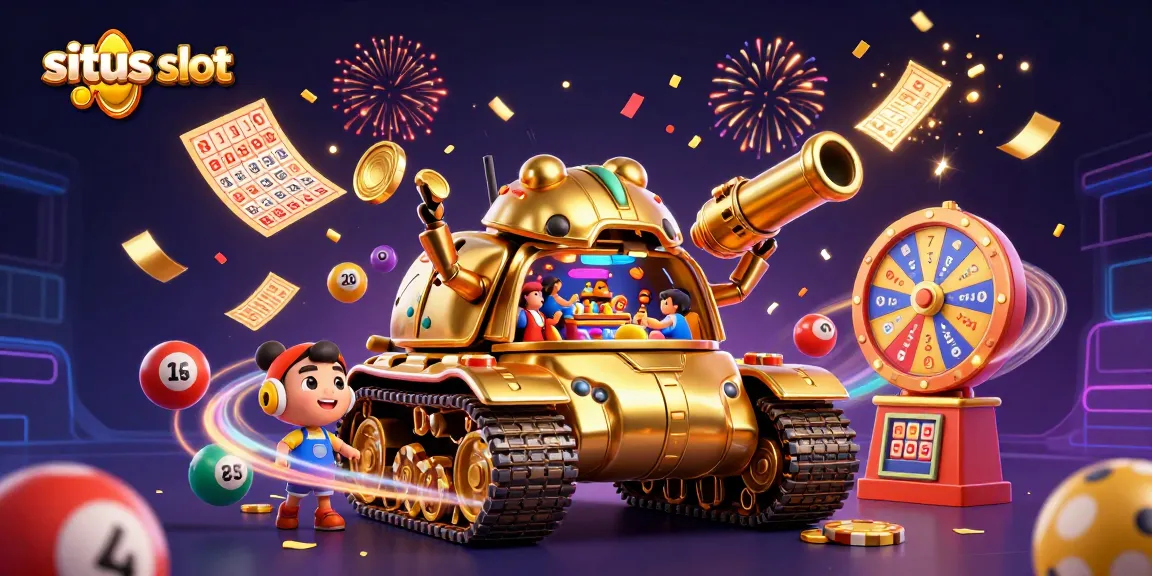 Situs slot illustration showing a golden beetle tank casino surrounded by dynamic lottery elements.