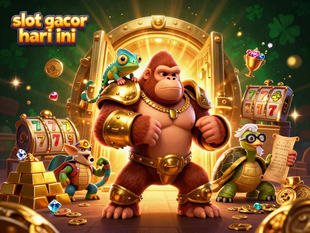 Gisasi slot gacor hari ini dengan karakter raja gorila berarmor emas dan permainan slot yang menarik
