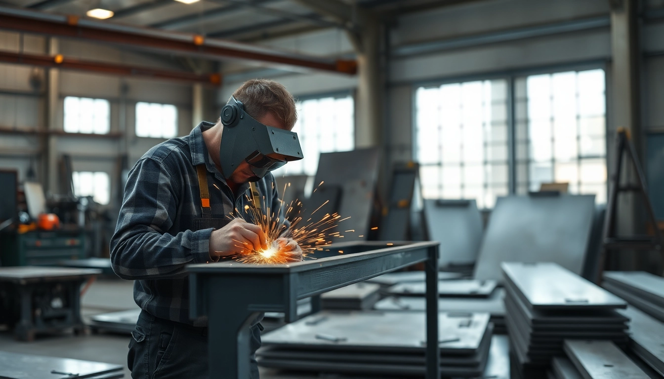Creating custom steel fabrication in a professional workshop highlighting skilled craftsmanship.