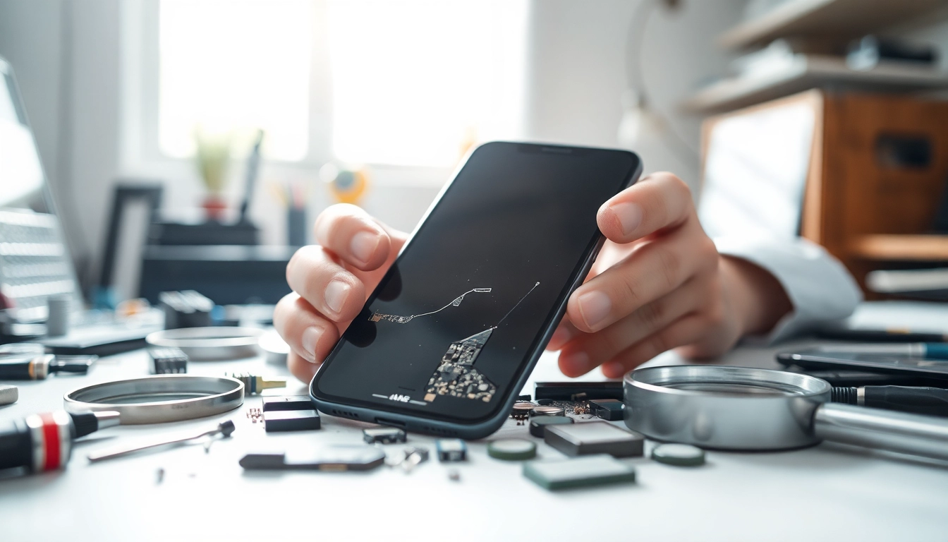 Engaging scene of a broken phone buyer assessing a damaged smartphone and repair tools.