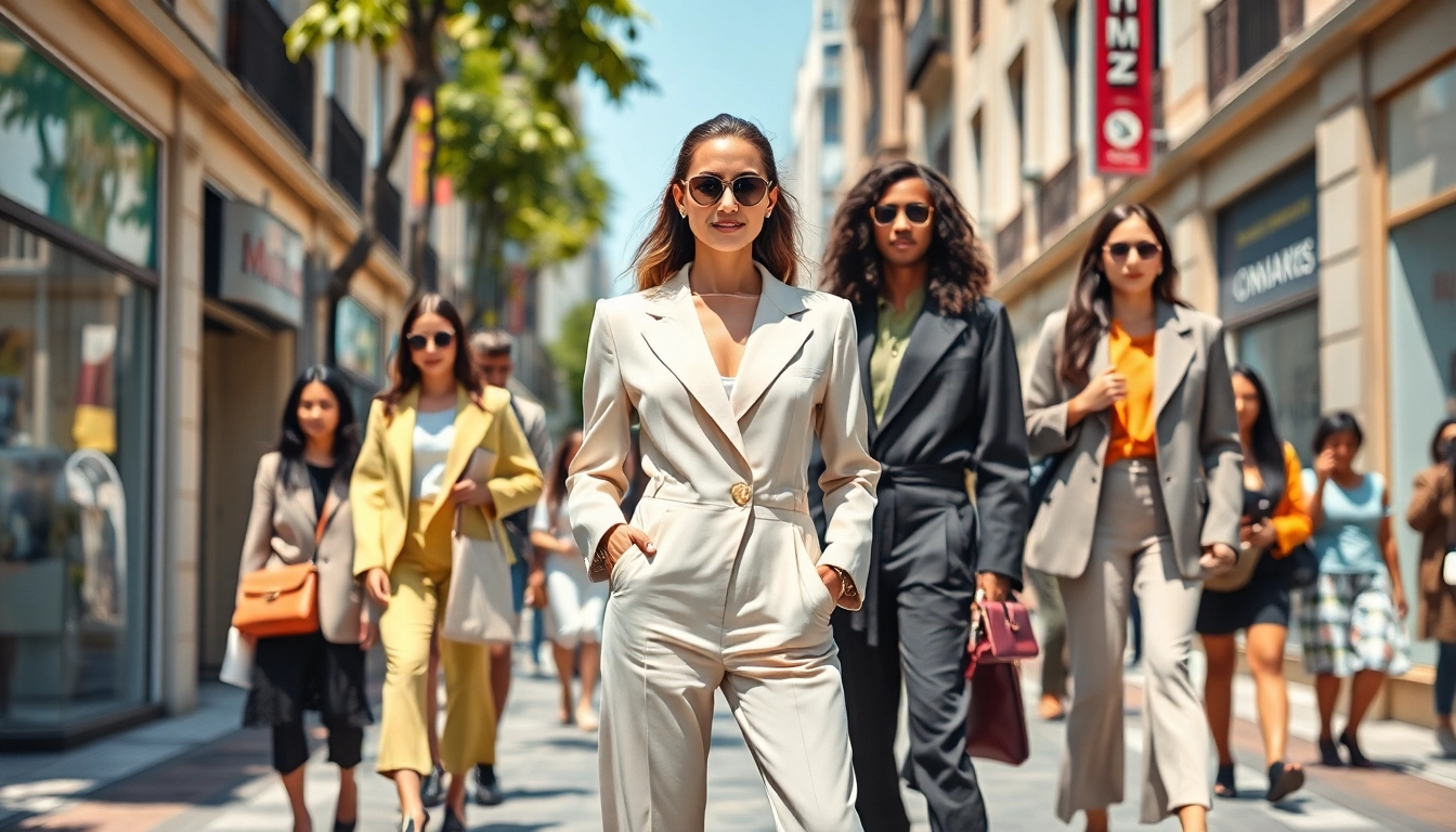 Showcases stylish Fashion outfits in a vibrant urban setting with a model.
