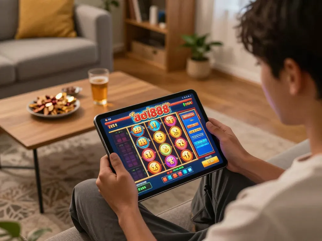 Engaging in สล็อต888 online gaming, showcasing vibrant slot reels on a tablet in a cozy home setting.