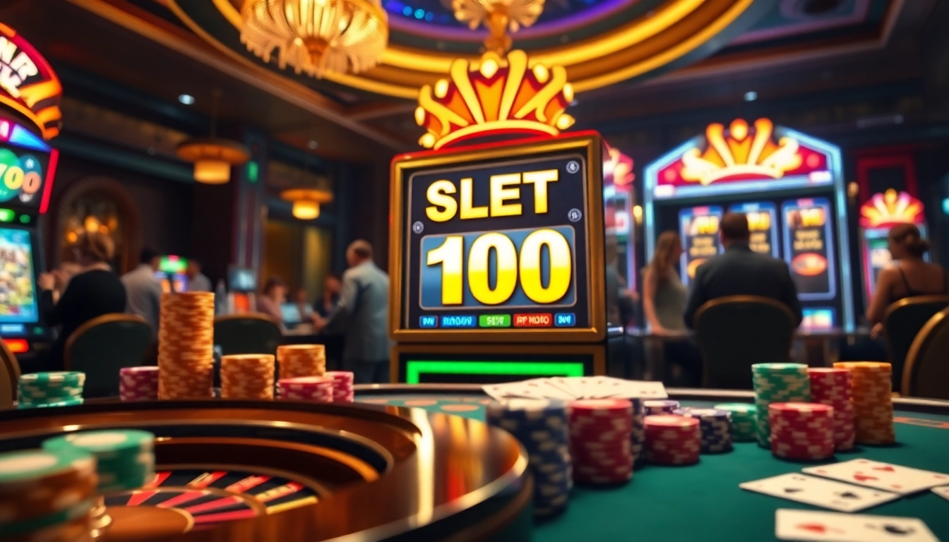 Engaging players at a luxurious casino around the slot bet 100 machine with vibrant poker chips.
