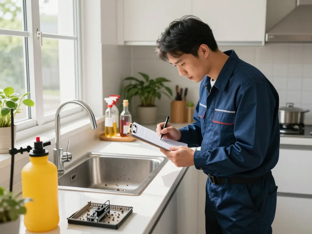Effective pest control guide in action, technician inspecting kitchen for pests with equipment and checklist.