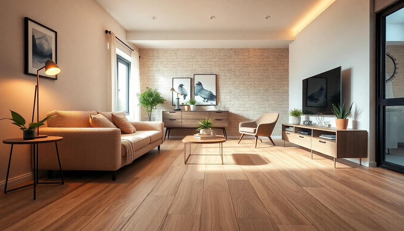 Le carrelage imitation parquet sublime un salon moderne et chaleureux avec une décoration accueillante.