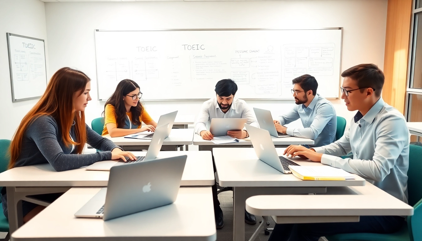 Collaborative scene of TOEIC test takers for hire studying in a bright, modern classroom.
