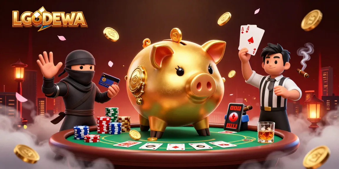 Win big with LGODEWA at an engaging online slot gaming arena featuring a golden piggy bank.