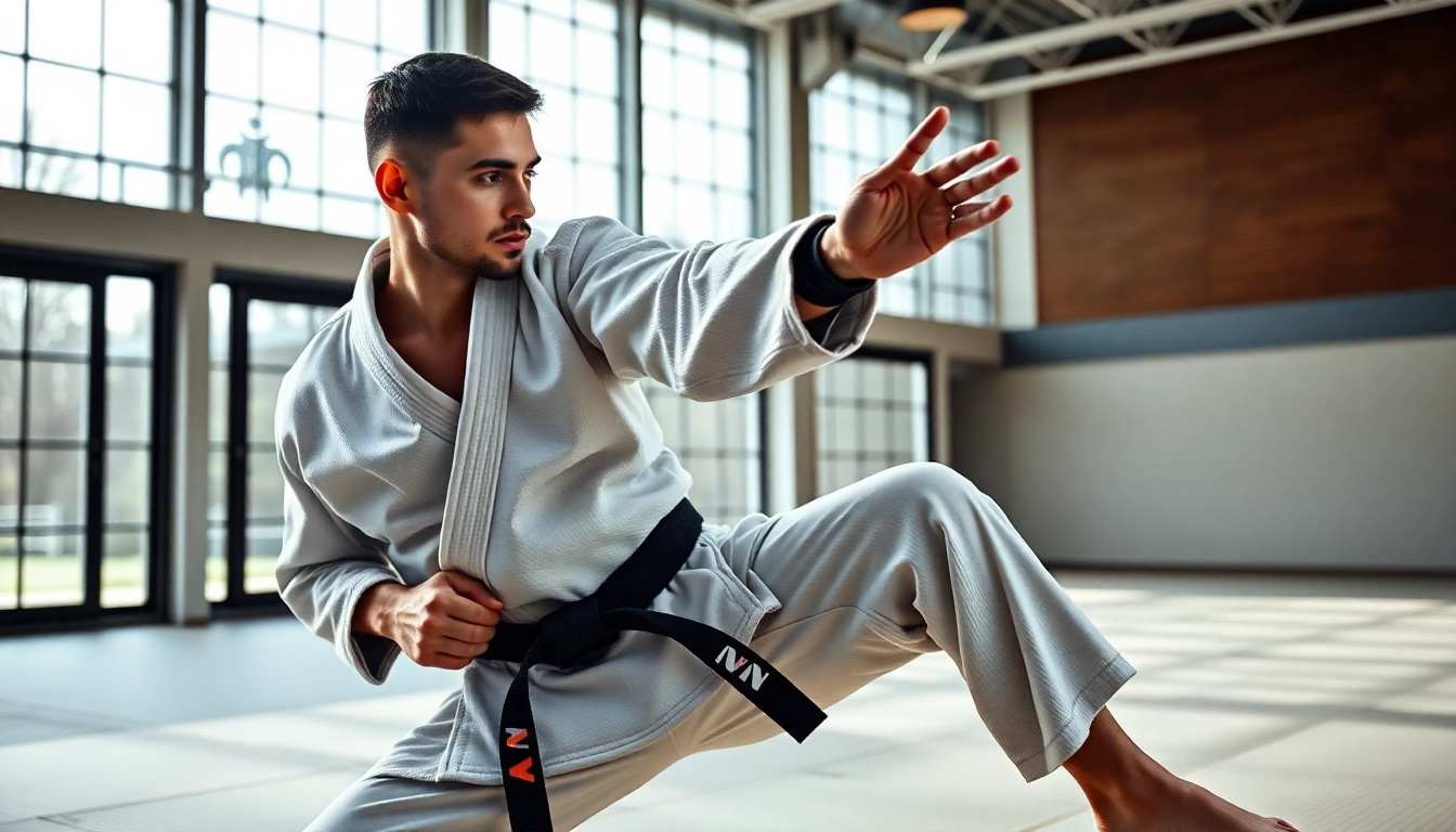Martial artist showcasing Nation Athletic BJJ Gear while practicing on tatami mats.