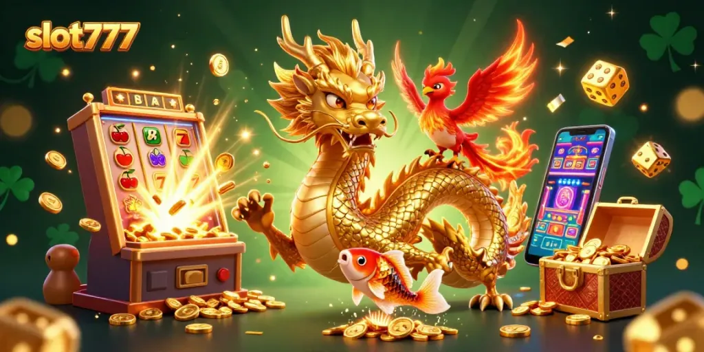 Slot777 menyajikan ilustrasi dinamis permainan kasino dengan naga emas, phoenix, dan ikan koi.