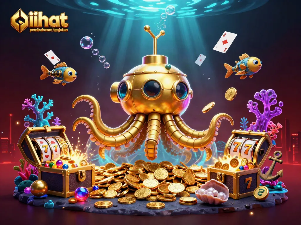 Menampilkan submersible kraken emas dalam lautan koin emas sebagai latar belakang jackpot, lihat pembahasan lanjutan.