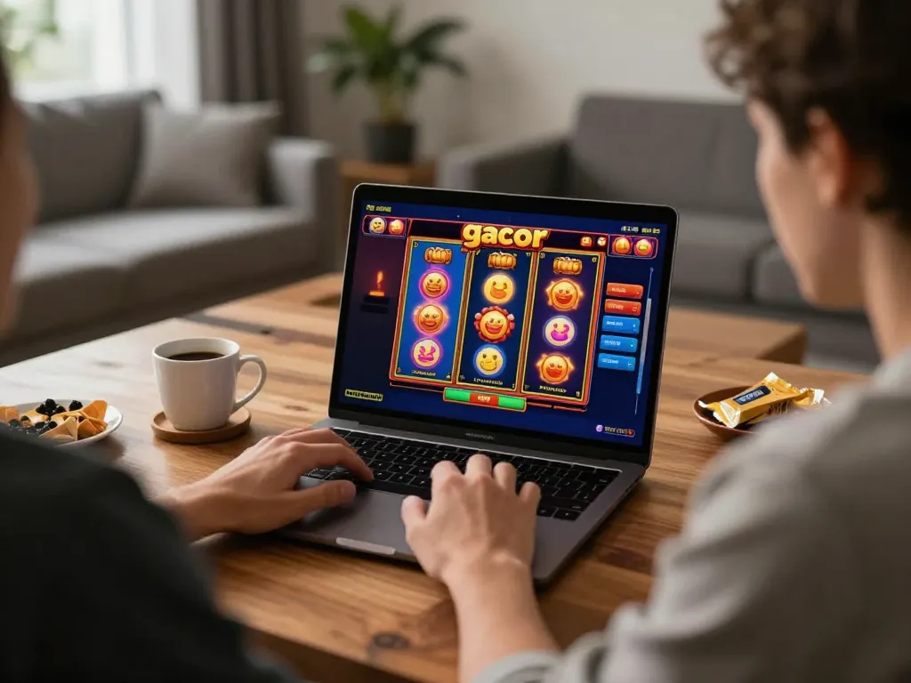 Engaging home setup for slot gacor online gaming session, showcasing laptop interface and cozy atmosphere.