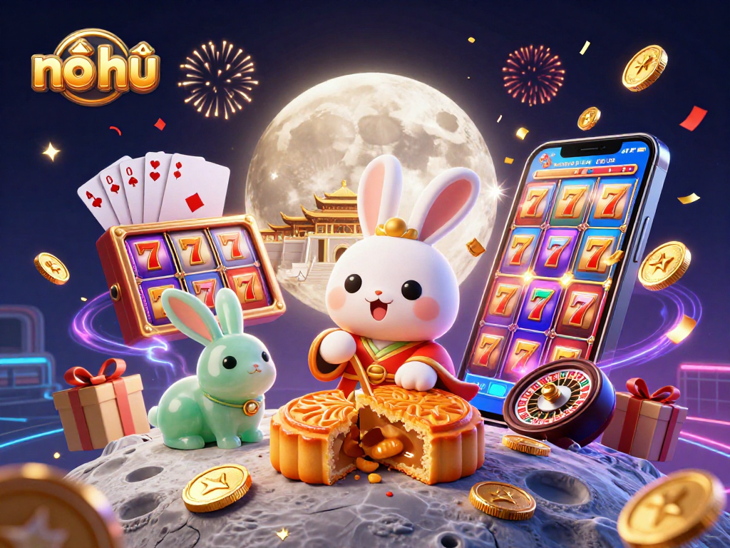 Play nổ hũ with vibrant slots and lunar themes in this colorful 3D illustration.