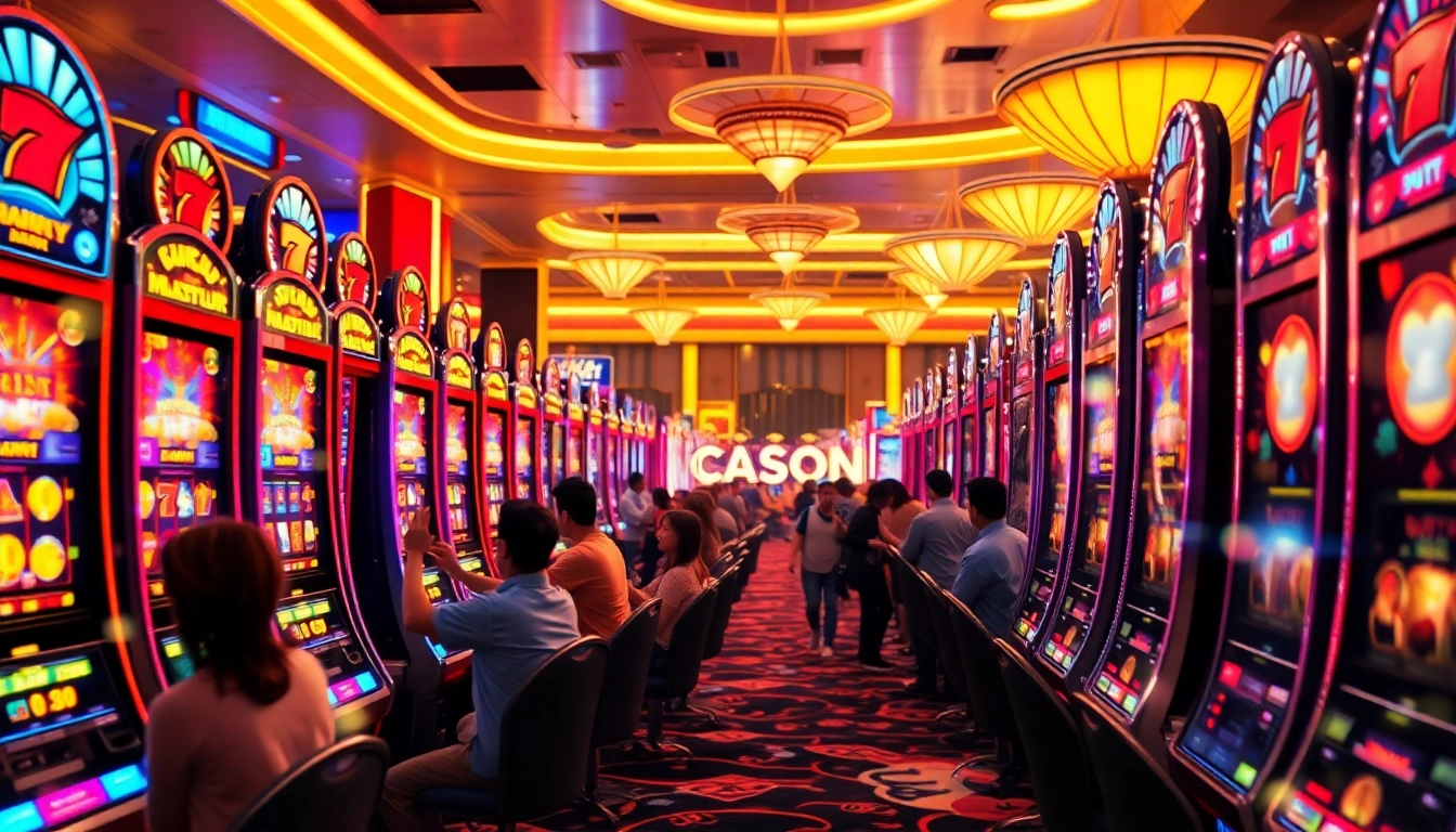 Permainan situs slot gacor dengan mesin slot berkilau dan pemain yang gembira.