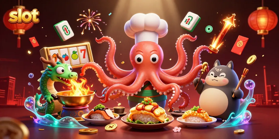 Spin the slot reels with a 3D sushi chef octopus, dragon, and lucky symbols in this casino scene.