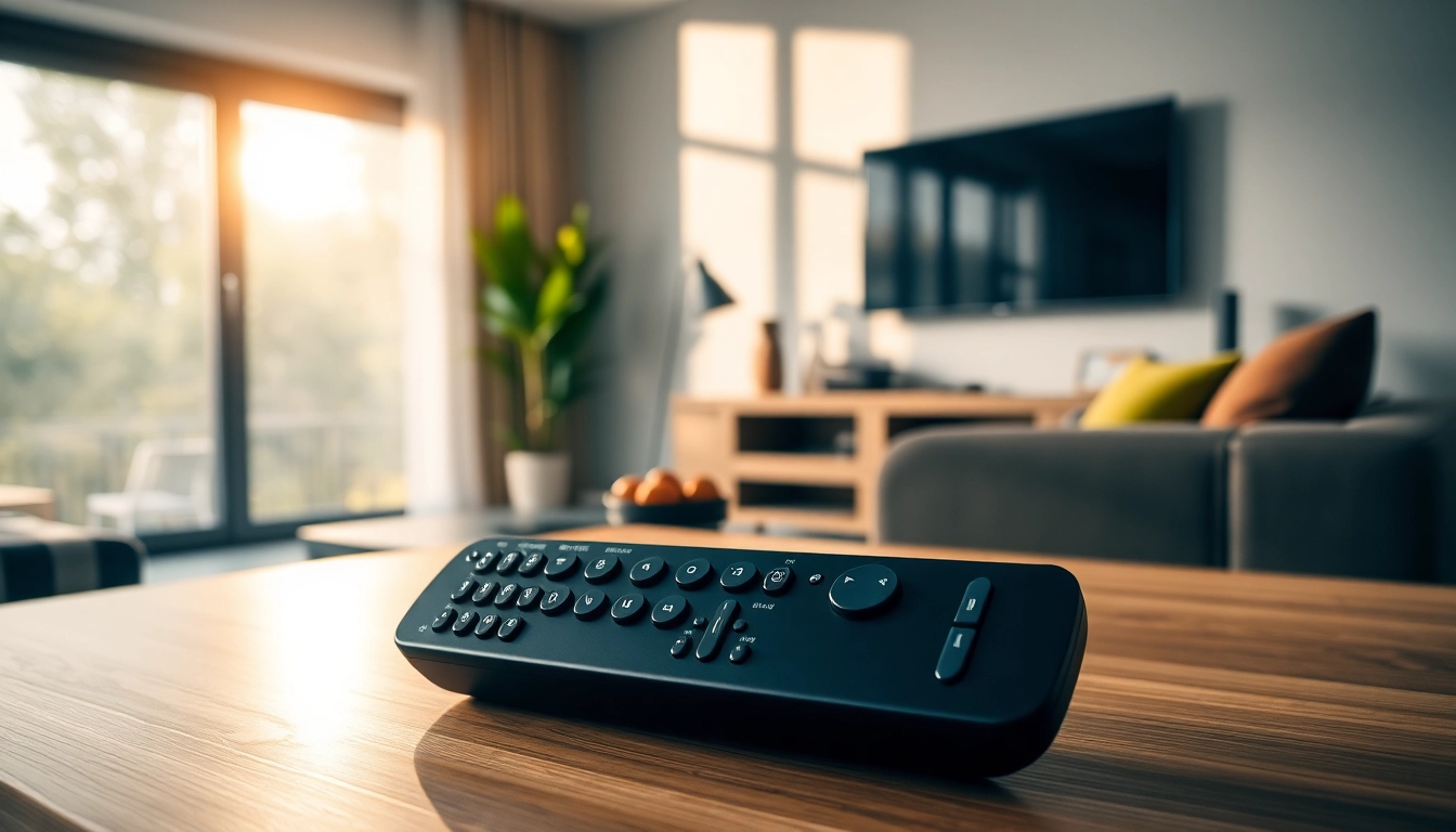 LG Fernbedienung 32LH auf einem modernen Couchtisch im hellen Wohnzimmer platziert.
