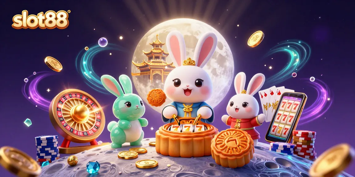 Menangkan slot88 dengan ilustrasi karakter kelinci bulan yang mengolah kue bulan emas di latar kasino.