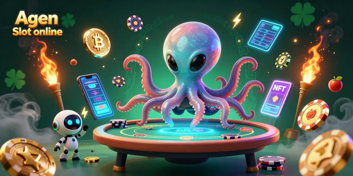 Engage with Agen Slot online visuals featuring an alien octopus at a holographic poker table amid dynamic cosmic elements.