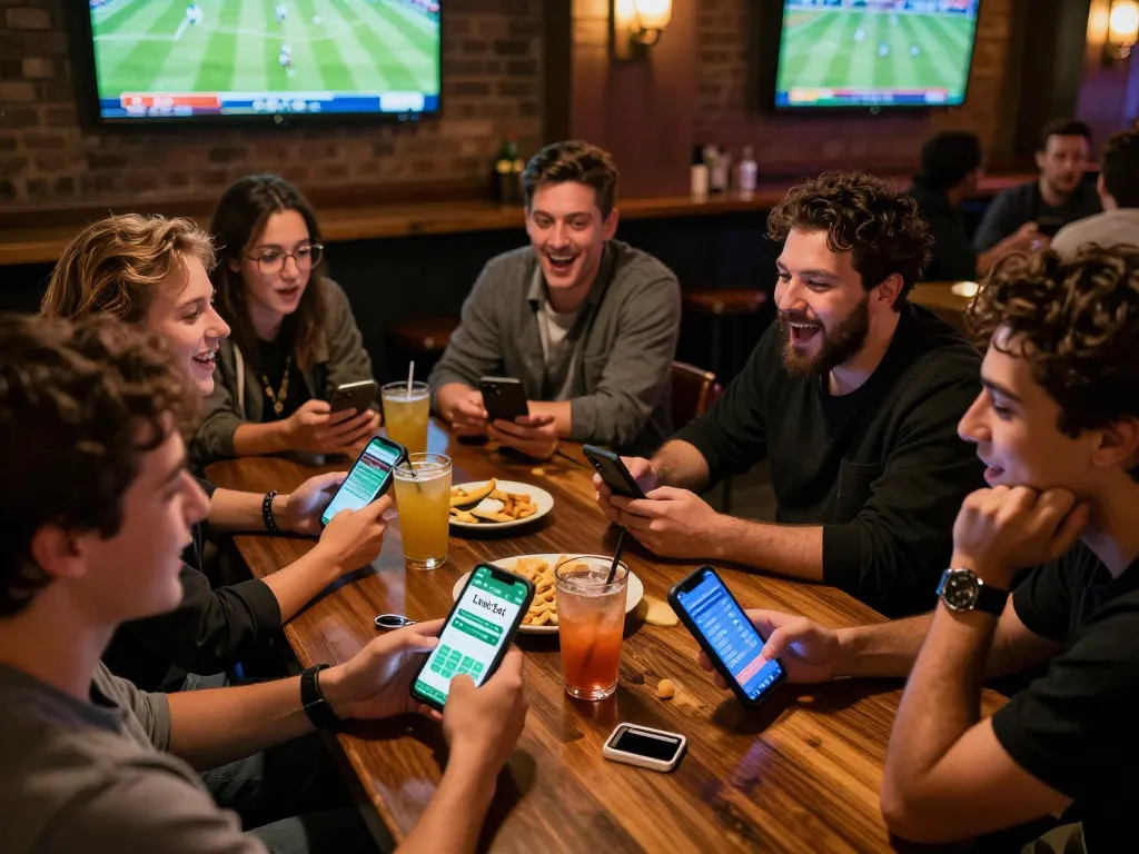 Engaging friends place bets using kèo nhà cái on smartphones during sports events.