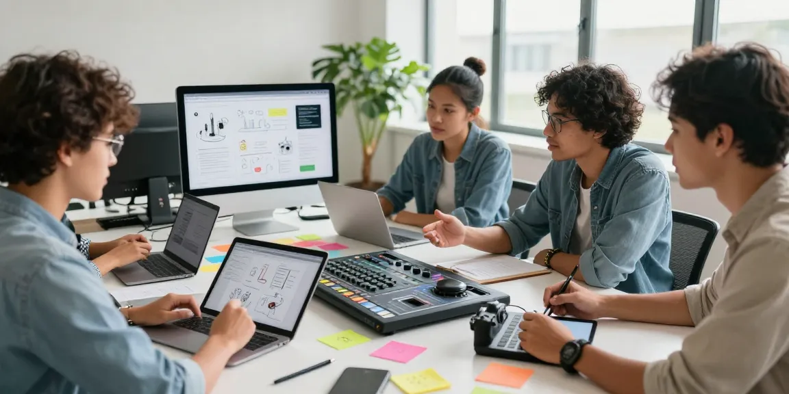 Team collaborating on a digital mixboard, showcasing creativity in a modern workspace.