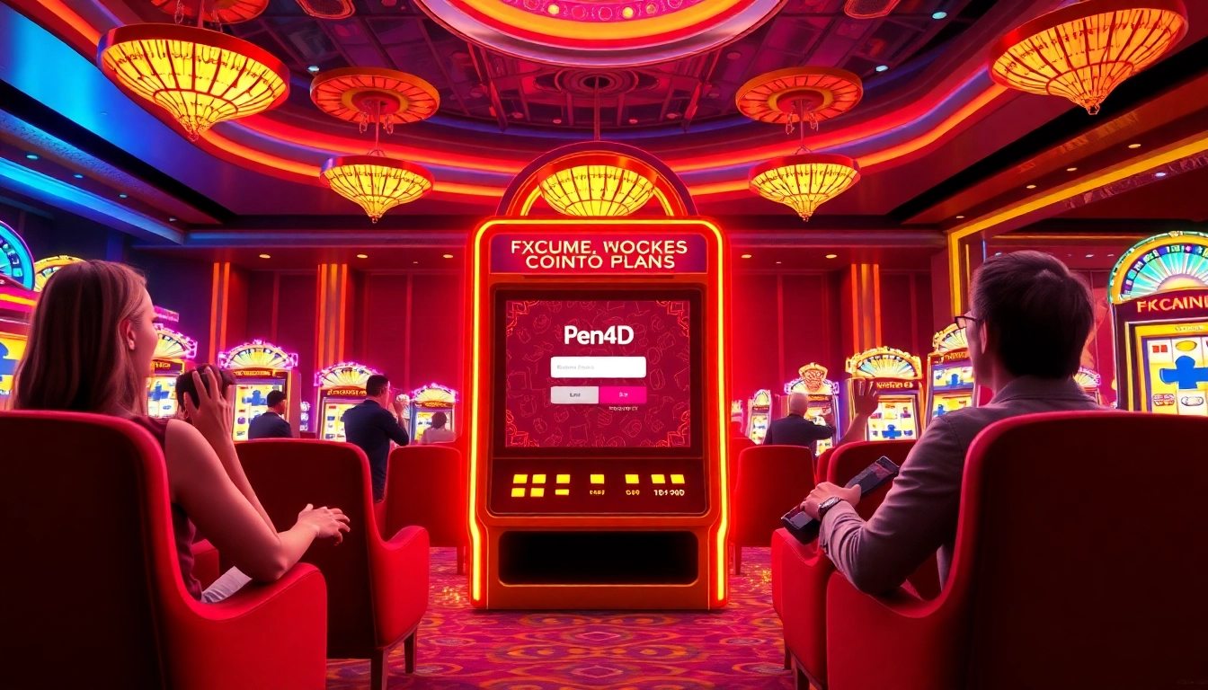 Excited gamblers celebrating a win at the Pen4d login slot machine in a vibrant casino.