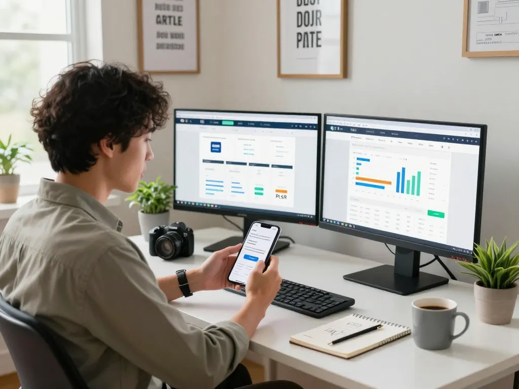 Buy PLR Digital Products in a vibrant e-commerce workspace with analytics and inspiration.