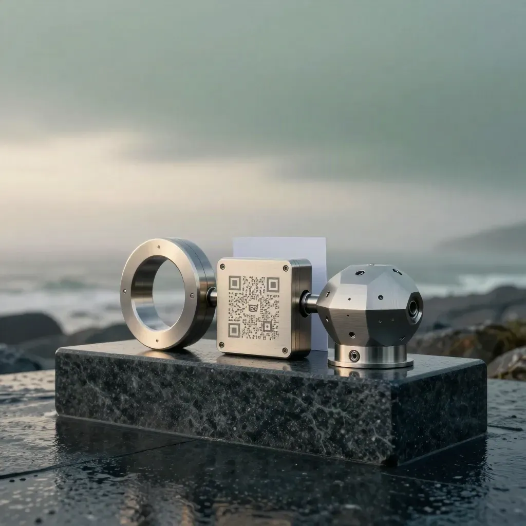 Brushed-aluminium Link Curl Pro hero module with domain ring, QR plaque and analytics node on wet stone.
