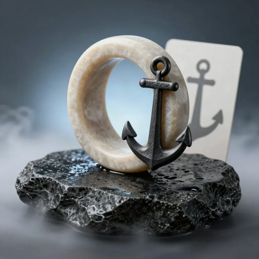 Stone ring module on wet basalt with cool mist and dramatic rim light, premium Link Curl ad.