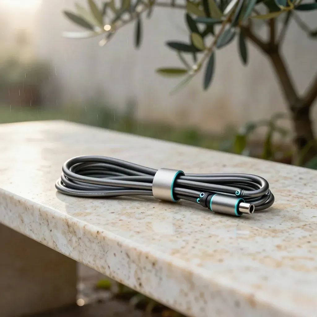 Link Curl link modules and cable on travertine in a rainy courtyard, sleek premium product scene