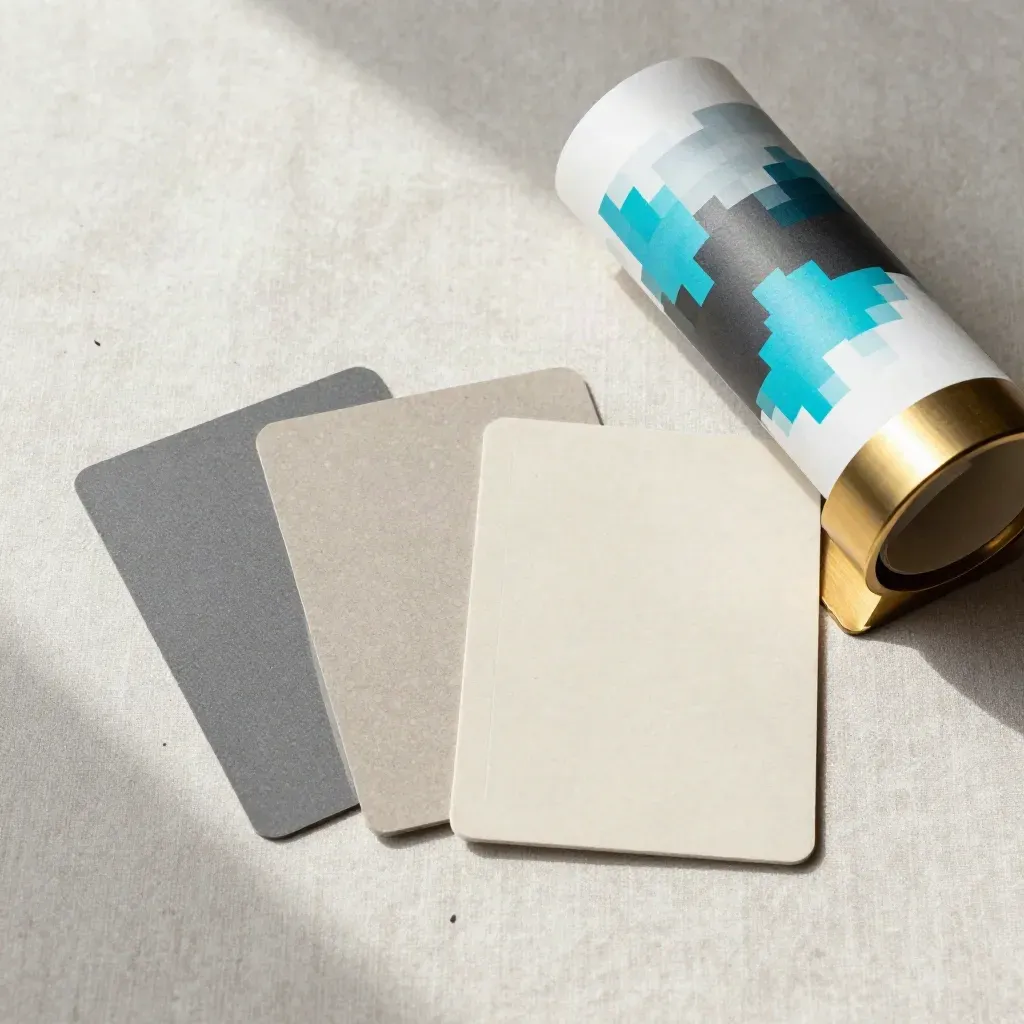Overhead flatlay of a QR code kit with tile cards, pixel paper, and brass spacer
