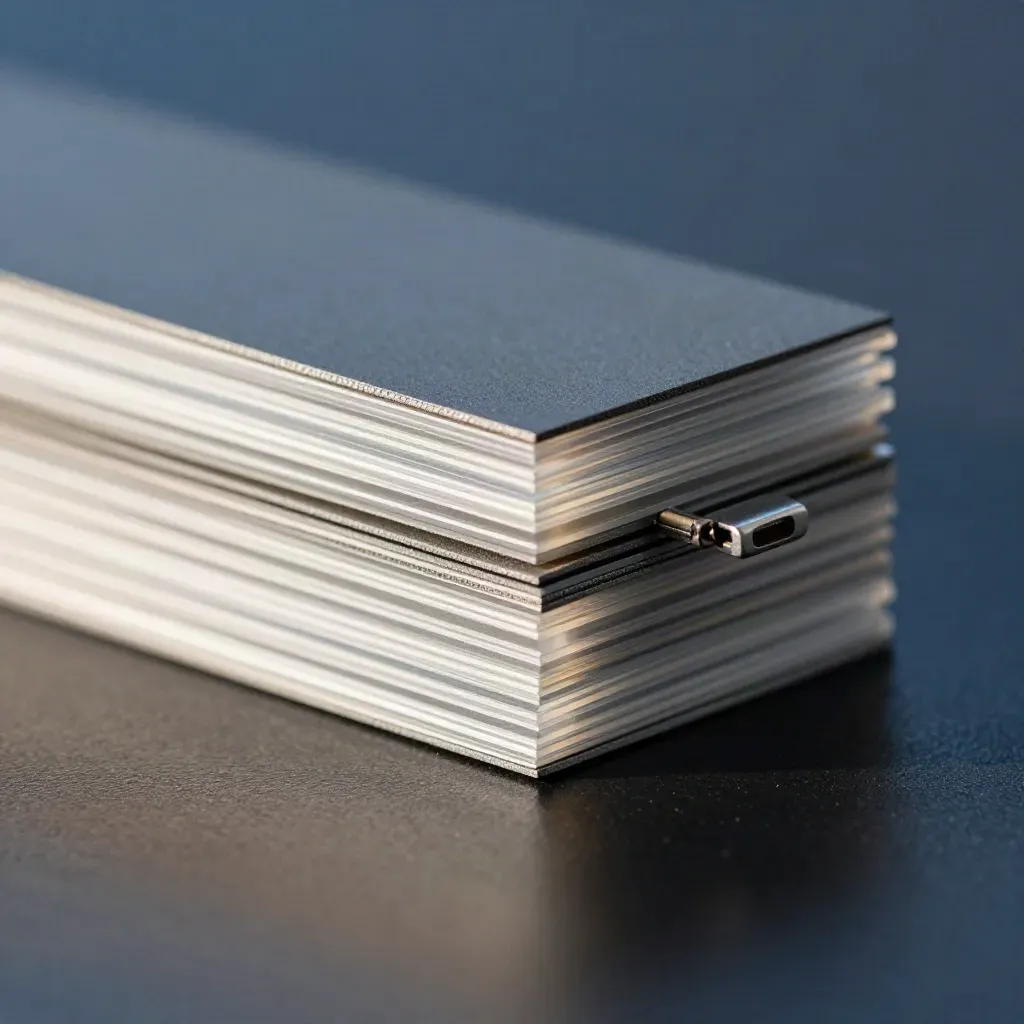 Macro of graphite tabs and translucent separators clicking into a modular stack.