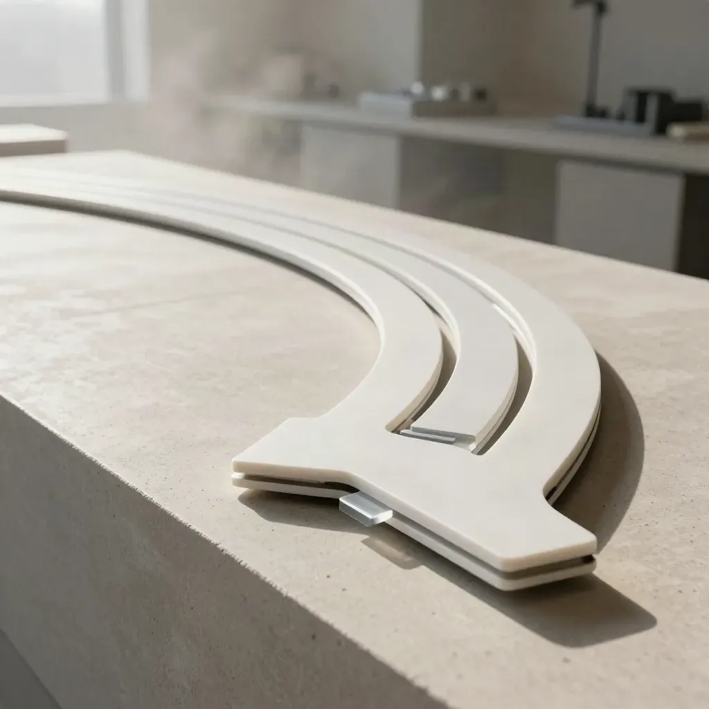 Curved arrow plates route into a central block on a concrete ledge in soft mist.