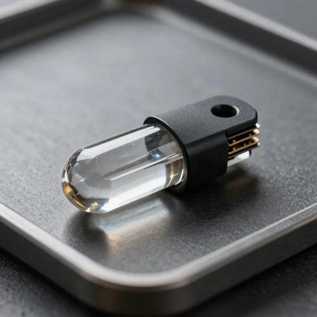 Macro of a clear capsule, matte black bridge, and chip stack on graphite with a subtle pulse.