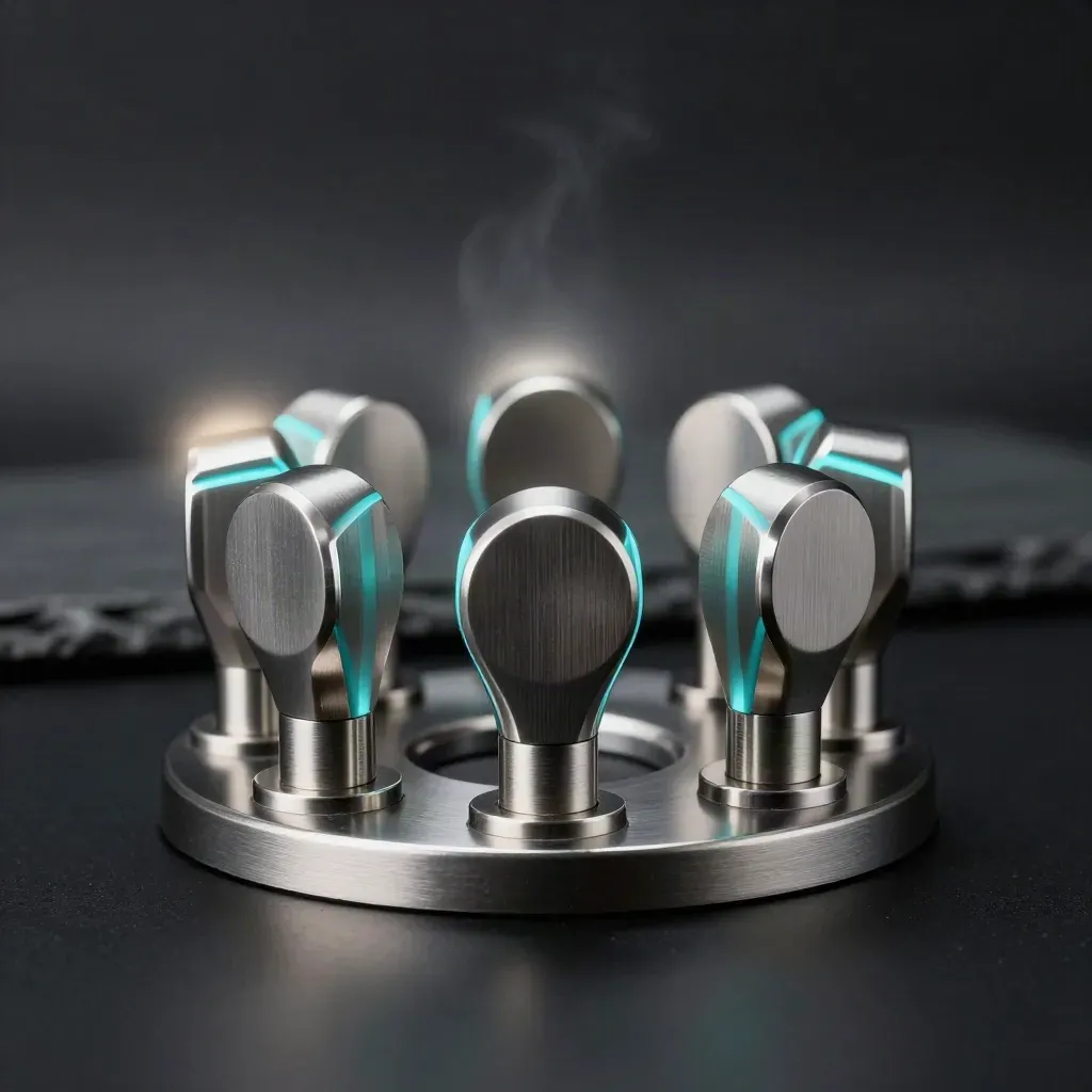 Five brushed metal tokens lock into a glowing team ring on a dark studio surface.