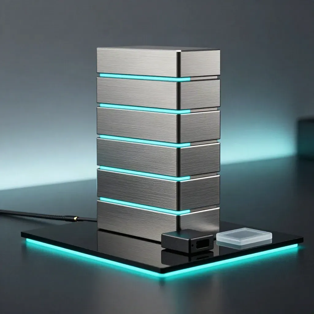 Five glowing brushed modules on a black plinth with cyan reflections in a sleek studio scene.