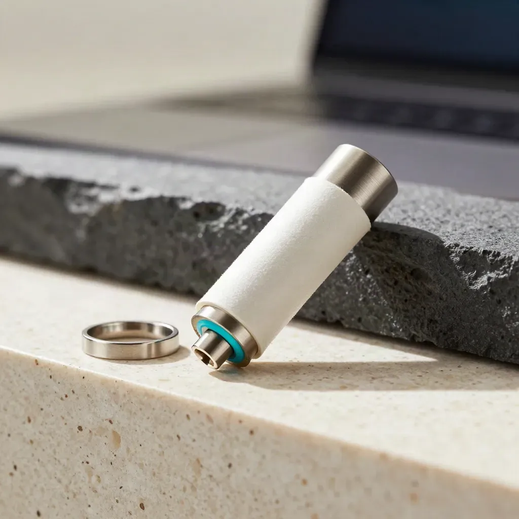 Brushed-metal short-link pack with sleeve and ring on travertine, lit with a cyan edge glow.