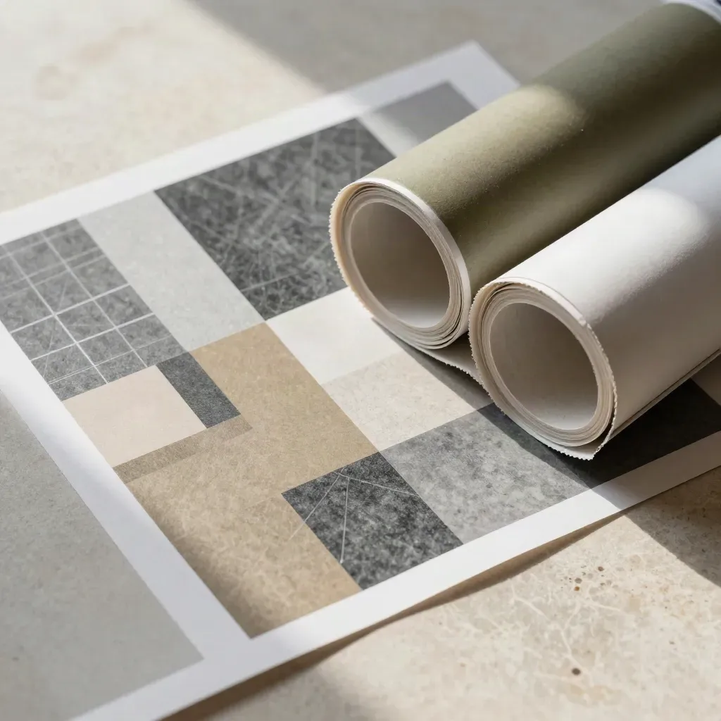 Overhead flatlay of rolled poster tubes, a proof sheet, and paper edges on pale stone.